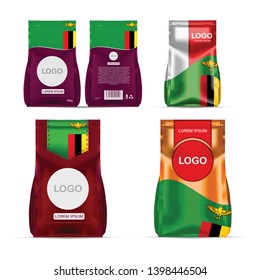 Foil food snack sachet bag packaging for coffee, salt, sugar, pepper, spices, sachet, sweets, chips, cookies colored in national flag of Zambia. Made in Zambia on white background