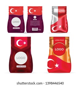 Foil food snack sachet bag packaging for coffee, salt, sugar, pepper, spices, sachet, sweets, chips, cookies colored in national flag of Turkey. Made in Turkey on white background