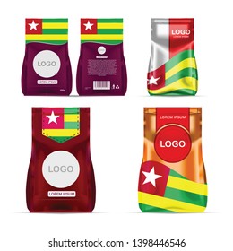 Foil food snack sachet bag packaging for coffee, salt, sugar, pepper, spices, sachet, sweets, chips, cookies colored in national flag of Togo. Made in Togo on white background