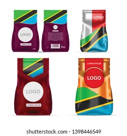 Foil food snack sachet bag packaging for coffee, salt, sugar, pepper, spices, sachet, sweets, chips, cookies colored in national flag of Tanzania. Made in Tanzania on white background
