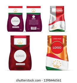Foil food snack sachet bag packaging for coffee, salt, sugar, pepper, spices, sachet, sweets, chips, cookies colored in national flag of Tajikistan. Made in Tajikistan on white background