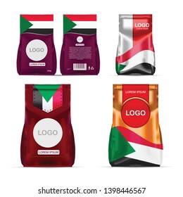 Foil food snack sachet bag packaging for coffee, salt, sugar, pepper, spices, sachet, sweets, chips, cookies colored in national flag of Sudan. Made in Sudan on white background