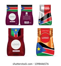 Foil food snack sachet bag packaging for coffee, salt, sugar, pepper, spices, sachet, sweets, chips, cookies colored in national flag of South Sudan. Made in South Sudan on white background