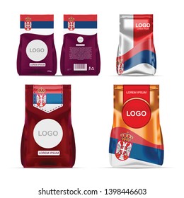 Foil food snack sachet bag packaging for coffee, salt, sugar, pepper, spices, sachet, sweets, chips, cookies colored in national flag of Serbia. Made in Serbia on white background