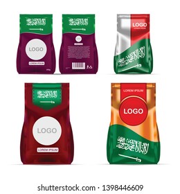 Foil food snack sachet bag packaging for coffee, salt, sugar, pepper, spices, sachet, sweets, chips, cookies colored in national flag of Saudi Arabia. Made in Saudi Arabia on white background