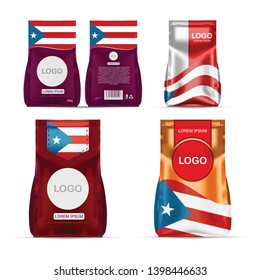 Foil food snack sachet bag packaging for coffee, salt, sugar, pepper, spices, sachet, sweets, chips, cookies colored in national flag of Puerto Rico. Made in Puerto Rico on white background