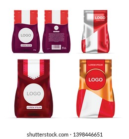 Foil food snack sachet bag packaging for coffee, salt, sugar, pepper, spices, sachet, sweets, chips, cookies colored in national flag of Peru. Made in Peru on white background