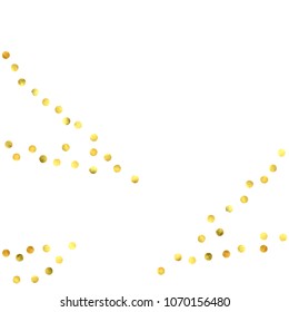 Foil gold confetti. Celebrate background. Golden sparkles and dots on white backdrop. Luxury invitation card template. Falling gold confetti. Glitter background. 