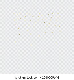 Foil gold confetti. Celebrate background. Golden sparkles and dots on transparent backdrop. Luxury invitation card template. Falling gold confetti. Glitter background. 