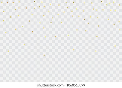 Foil gold confetti. Glitter vector celebrate background. Golden sparkles and dots on transparent backdrop. Luxury invitation card template. Falling gold confetti. Glitter background. 