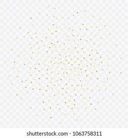 Foil gold confetti. Glitter vector celebrate background. Golden sparkles and dots on transparent backdrop. Christmas party invitation card template. Falling gold confetti. Glitter background. 