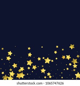 Foil gold confetti. Glitter vector celebrate background. Golden sparkles and dots on black backdrop. Luxury invitation card template. Falling gold confetti. Glitter background. 