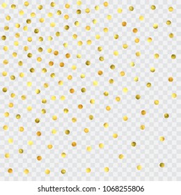 Foil gold confetti. Glitter vector celebrate background. Watercolor golden sparkles and dots. Explosion backdrop. Luxury invitation card template. Falling gold confetti. Glitter background. 