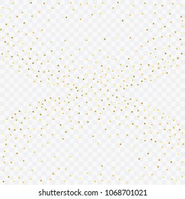 Foil gold confetti. Glitter vector celebrate background. Golden sparkles and dots on transparent backdrop. Christmas party invitation card template. Falling gold confetti. Glitter background. 