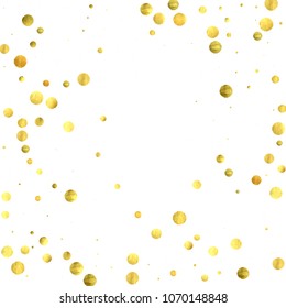 Foil gold confetti. Glitter vector celebrate background. Watercolor golden sparkles and dots. Voucher backdrop. Christmas party invitation card template. Falling gold confetti. Glitter background. 