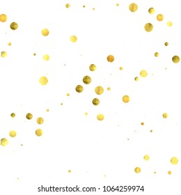 Foil gold confetti. Glow vector celebrate background. Watercolor golden sparkles and dots. Explosion backdrop. Christmas party invitation card template. Falling gold confetti. Glitter background. 
