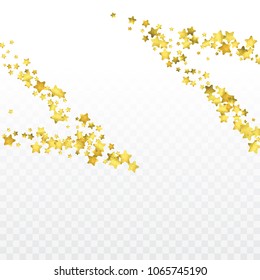 Foil gold confetti. Glow vector celebrate background. Golden sparkles and dots on transparent backdrop. Christmas party invitation card template. Falling gold confetti. Glitter background. 