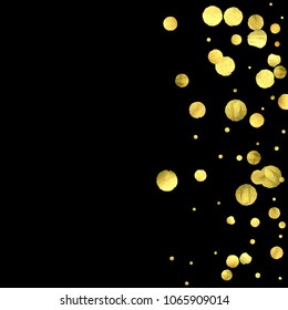Foil gold confetti. Glow vector celebrate background. Watercolor golden sparkles and dots. Explosion backdrop. Christmas party invitation card template. Falling gold confetti. Glitter background. 