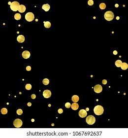 Foil gold confetti. Glow vector celebrate background. Watercolor golden sparkles and dots. Voucher backdrop. Luxury invitation card template. Falling gold confetti. Glitter background. 