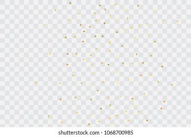 Foil gold confetti. Glow vector celebrate background. Golden sparkles and dots on transparent backdrop. Luxury invitation card template. Falling gold confetti. Glitter background. 