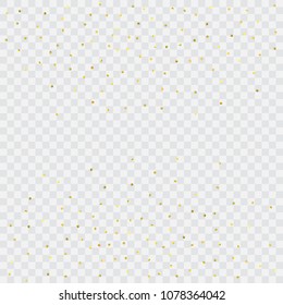 Foil gold confetti. Glow vector celebrate background. Golden sparkles and dots on transparent backdrop. Christmas party invitation card template. Falling gold confetti. Glitter background. 