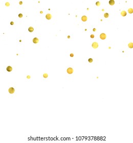 Foil gold confetti. Glow vector celebrate background. Watercolor golden sparkles and dots. Voucher backdrop. Luxury invitation card template. Falling gold confetti. Glitter background. 