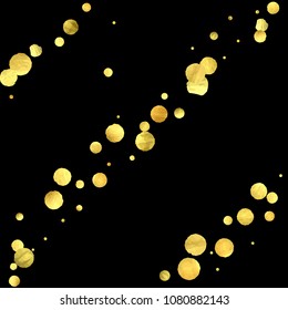 Foil gold confetti. Glow vector celebrate background. Golden sparkles and dots on black backdrop. Luxury invitation card template. Falling gold confetti. Glitter background. 