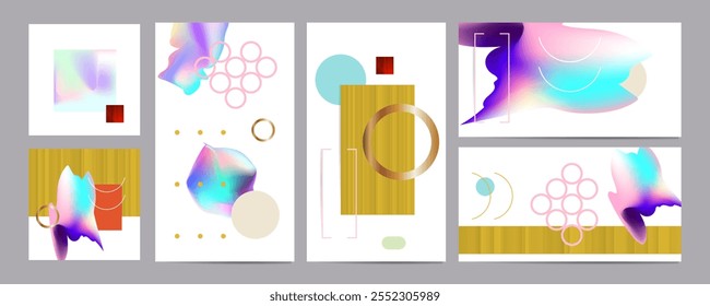 Foil and Gradient mesh cover set of backgrounds texture foil pearl shades. Abstract stylish gradient with holographic foil. 90s, 80s retro style