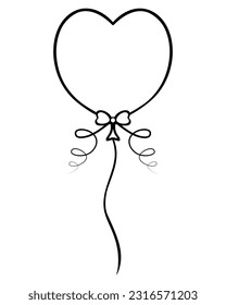 Foil heart. Balloon. Sketch. The ball is tied with a bow with curls of thread. Doodle style. Vector illustration. Coloring book. Nice decoration for the holiday. Outline on isolated background.