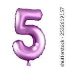 Foil and latex balloon. Number 5. Helium balloon, purple. Realistic vector illustration for holiday, birthday, festival