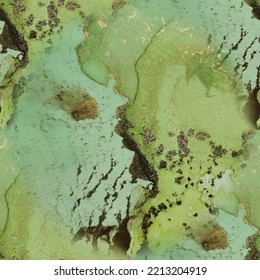 Fondo Oriental Foil. Pintura de tinta de aceite. Acuarela de mármol dorado. Lienzo de tinta del vector amarillo. Plantilla de resumen de vectores. Tinta de alcohol verde de mármol. Textura sin foco geode. Acuarela de color de agua metálica.