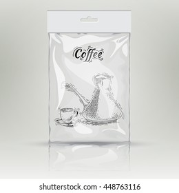 Foil pack on grey background for your design and branding. Mockup foil food bag for coffee other products