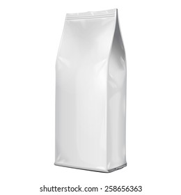 Foil Paper Food Bag Package Of Coffee, Salt, Sugar, Pepper, Spices Or Flour, Folded, Grayscale. On White Background Isolated. Mock Up Template Ready For Your Design. Product Packing Vector EPS10