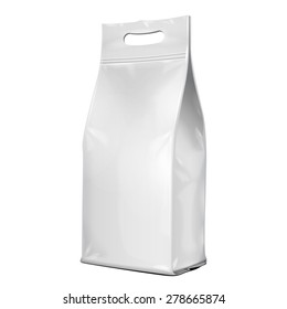 Foil Paper Food Bag Package With Handle. Coffee, Salt, Sugar, Pepper, Spices Or Flour, Grayscale. On White Background Isolated. Mock Up Template Ready For Your Design. Product Packing Vector EPS10