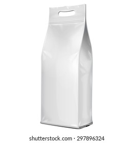 Foil Paper Food Bag Package With Handle. Coffee, Salt, Sugar, Pepper, Spices Or Flour, Grayscale. On White Background Isolated. Mock Up Template Ready For Your Design. Product Packing Vector EPS10