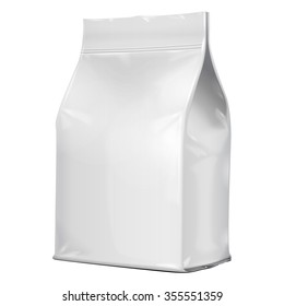 Foil Paper Food Bag Package Of Coffee, Salt, Sugar, Pepper, Spices Or Flour, Folded, Grayscale. On White Background Isolated. Mock Up Template Ready For Your Design. Product Packing Vector EPS10