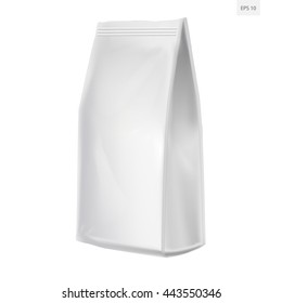 Foil Paper Food Bag Package Of Coffee, Salt, Sugar, Pepper, Spices Or Flour, Folded, Grayscale. On White Background Isolated. Mock Up Template Ready For Your Design. Product Packing Vector EPS10