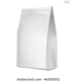 Foil Paper Food Bag Package Of Coffee, Salt, Sugar, Pepper, Spices Or Flour, Folded, Grayscale. On White Background Isolated. Mock Up Template Ready For Your Design. Product Packing Vector EPS10