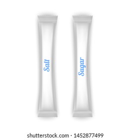 Foil or paper of White color Packaging Stick for Coffee, Salt, Sugar, Pepper Or Spices. Realistic mesh vector mockup illustration.