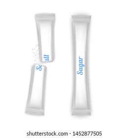 Foil or paper of White color Packaging Stick for Coffee, Salt, Sugar, Pepper Or Spices. Realistic mesh vector mockup illustration.