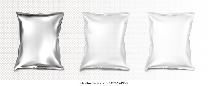 Foil and plastic bags mockup, blank white, transparent and silver metallic colored pillow packages for food production, snack, chips or cookies, isolated design element Realistic 3d vector mock up set
