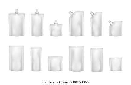 Foil or plastic sachet pouch set with zipper and spout lid isolated on white background. Different size doy packs, blank product packaging mock up. Realistic 3d vector illustration