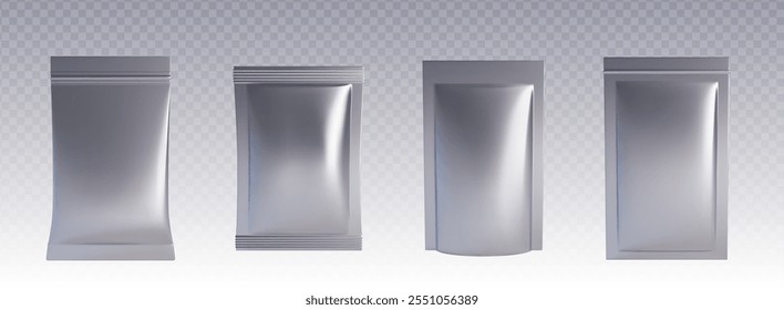 Bolsa de papel alumínio maquete. Embalagem de saqueta de plástico para alimentos ou snack vetor mock up. 3d modelo de pacote de zíper de alumínio prata. Máscara clara ou amostras de papel de travesseiro de chips. Medicamento ou pó cinzento recipiente