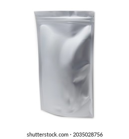 Foil pouch mockup, plastic bag template, snack sachet vector template, isolated aluminum envelope zipper container. Candy, powder or cookie pouch blank, gray polythene