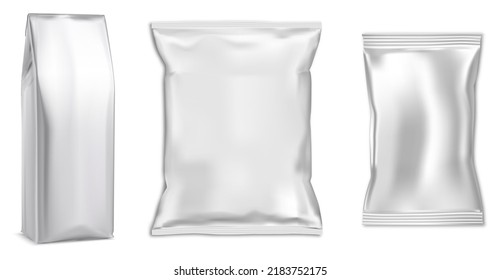 Mockup de bolsa de aceite, plantilla vectorial de bolsitas de comida para bocadillos. Bolsa de café plateado, diseño brillante. Bolsa de almohada de servilleta gris realista, ilustración realista. Chips o paquete de chocolate para marca