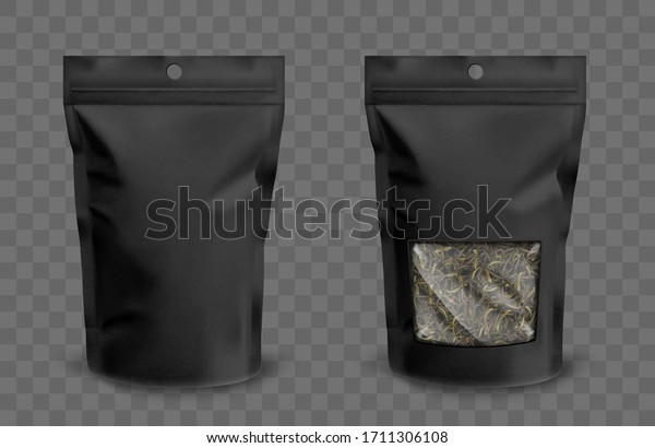 Foil pouch with zipper and clear window,\
doypack for food. Blank stand up plastic bags with green tea.\
Vector realistic mockup of black flex package with zip lock\
isolated on transparent\
background