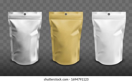 Foil pouch with zipper, doypack for food. Blank stand up plastic bags. Vector realistic mockup of white, silver and gold colored flex package with zip lock isolated on transparent background