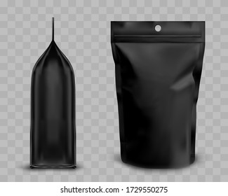 Foil pouch with zipper, doypack for food. Blank stand up plastic bag front and side view. Vector realistic mockup of black flex package with zip lock isolated on transparent background