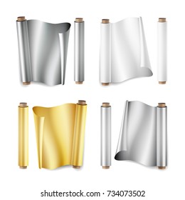 Foil Roll Set Vector. Aluminium, Metal, Gold, Baking Paper. Close Up Top View. Opened And Closed. Realistic Illustration Isolated On White