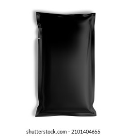 Foil sachet mockup. Black paper pouch, vector blank. Wet napkin sachet on white background. Cosmetic mask wrap template. Small envelope packaging for chocolate, candy, snack